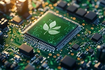 Featuring a leaf design, the green microchip signifies eco-friendly tech and sustainable advancements in the technology industry.