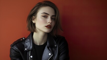 Confident woman in black leather jacket, soft light, blurred red background. Bold style meets effortless elegance.