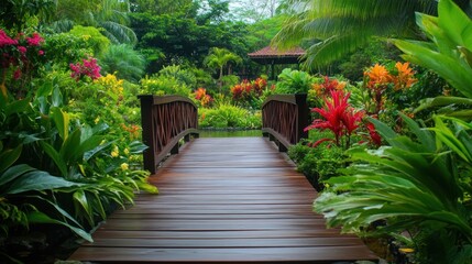 Fototapeta premium A serene wooden bridge in a lush garden filled with vibrant flowers and greenery.
