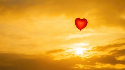 Fototapeta premium A single heart-shaped red balloon floating in the sky, symbolizing love and joy, surrounded by warm golden light.