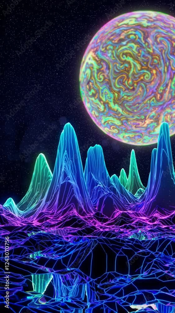 Poster depict a surreal alien terrain of neon mountains with a massive glowing planet on the horizon.