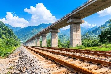 Obraz premium Elevated Railway Construction Over Lush Green Mountains