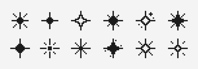Pixel art sparkling stars, flashes, fireworks. Set of pixelated sparkling elements for game design. Vector illustration