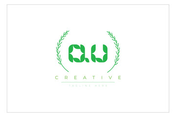 QU letters eco logo with leaf. Fresh nature and healthy leaf logo design.