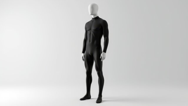 A mannequin wearing a sleek, black diving suit, standing upright against a plain background.