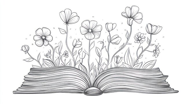 recommend clip art: Open book, flowers blooming, knowledge growth, white background, education concept