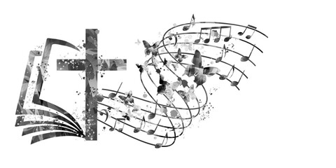 Colorful christian cross with music notes isolated vector illustration. Religion themed background. Design for gospel church music, concert, festival, choir singing, Christianity, prayer	