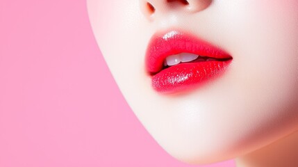 Fototapeta premium A close-up view of lips adorned with vibrant red lipstick, set against a soft pink background, showcasing beauty and cosmetic elegance.