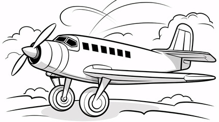 A minimalist black and white drawing of an aeroplane, perfect for a kids' coloring page.

