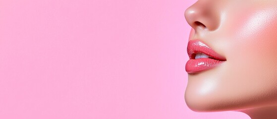 A close-up of a woman's lips against a pink background, showcasing a glossy finish and radiant skin tone.