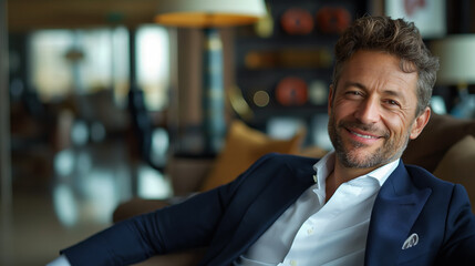 Fototapeta premium Confident Businessman in Elegant Office Smiling and Pointing to His Right Side