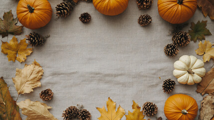 A rustic tablecloth is surrounded by autumn leaves, mini pumpkins, and pine cones, creating a Thanksgiving-themed flat lay.
