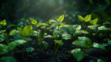 A beautifully composed macro photograph of young seedlings breaking through the soil, reaching towards the light