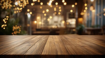 The warm glow of twinkling lights creates an inviting ambiance in the cafe, where a rustic wooden table waits for friends to gather and share stories over drinks and laughter
