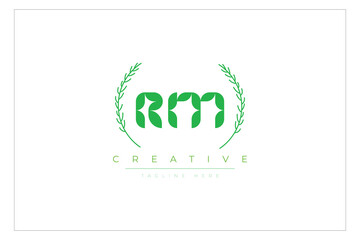 RM letters eco logo with leaf. Fresh nature and healthy leaf logo design.