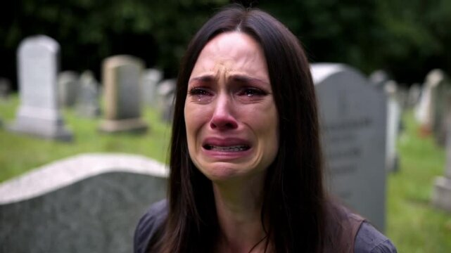 A closeup of a woman crying in the graveyard in a blurry background