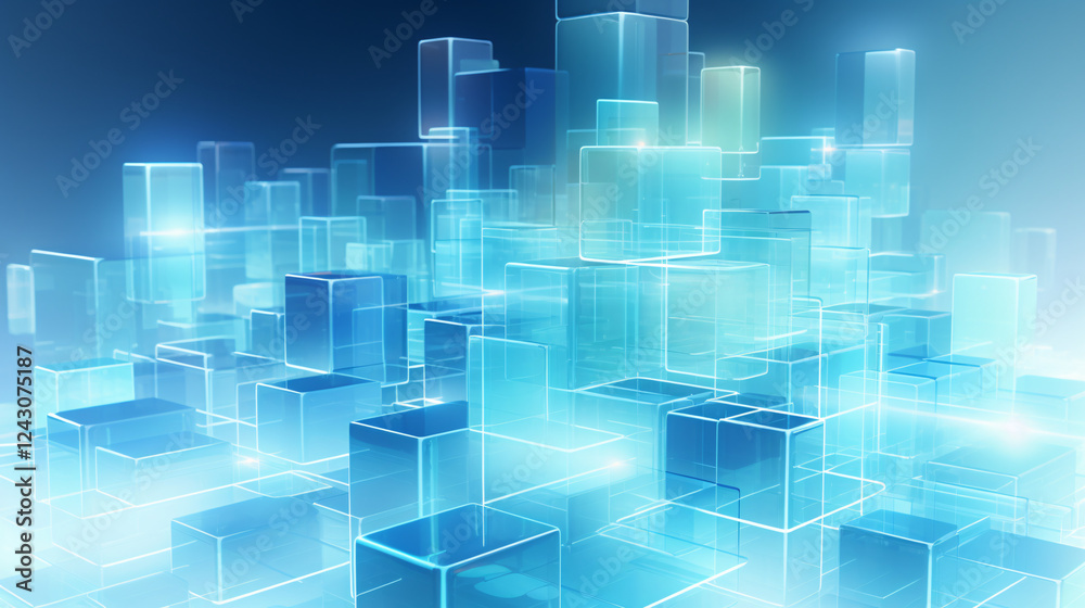 Poster an abstract modular block design with interlocking blue 3d cubes, perfect for technology-themed disp