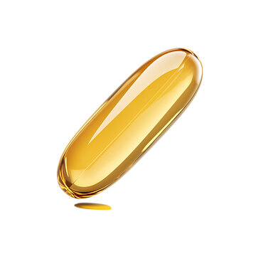 Falling fish oil pill with a smooth surface and golden hue, isolated on white background