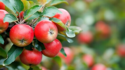 Vibrant red mini apples adorned with lush green leaves, perfect for digital designs or decorative elements, seamless transparency.