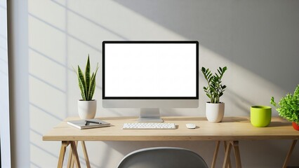 Fototapeta premium Modern Home Office Workspace with Empty Computer Screen. A stylish and minimalist home office setup featuring a light wooden A-frame desk, a blank computer monitor, and potted plants.
