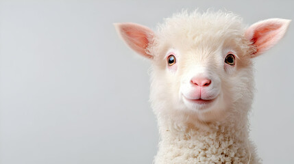 Fototapeta premium Cute lamb portrait, studio shot, gray background, farm animal