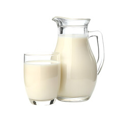 Jug and a glass of milk with a smooth, creamy texture, isolated on white background