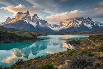 Majestic Mountain Landscape with Reflective Water and Lush Greenery