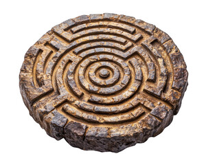 Intricate stone labyrinth design with circular patterns, isolated on black. This artistic piece showcases detailed craftsmanship and unique texture, evoking curiosity and wonder
