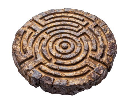 Intricate stone labyrinth design with circular patterns, isolated on black. This artistic piece showcases detailed craftsmanship and unique texture, evoking curiosity and wonder
