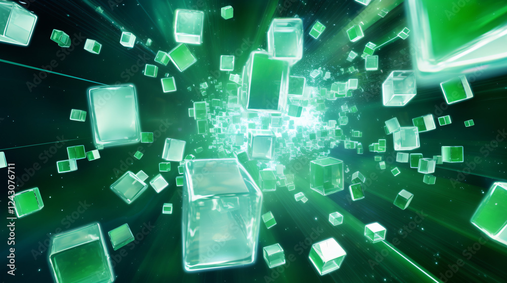 Aufkleber an abstract scene featuring numerous green cubes falling through space, ideal for premium technology