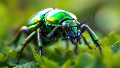 Naklejka premium Vibrant Green Jewel Scarab Beetle Close Up Macro Photography on Lush Green Foliage