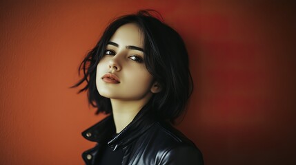Confident woman in black leather jacket, soft light, blurred red background. Bold style meets effortless elegance.