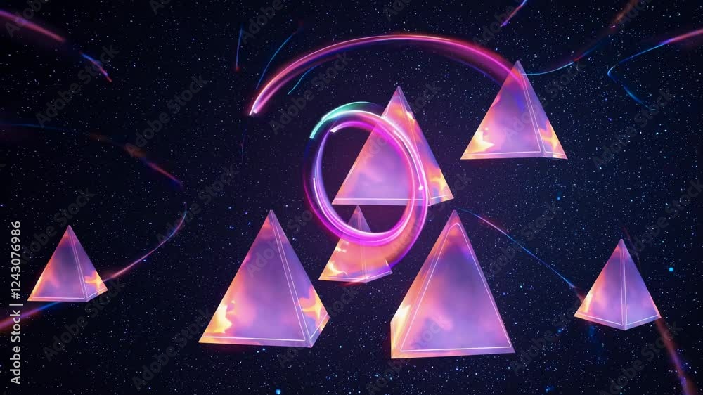 Poster translucent pyramids emitting pink and orange glows in a cosmic setting.