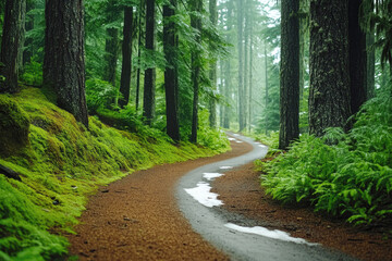 Obraz premium Winding forest path with melting snow patches, surrounded by lush green moss and tall trees, creating a fresh and peaceful spring atmosphere..