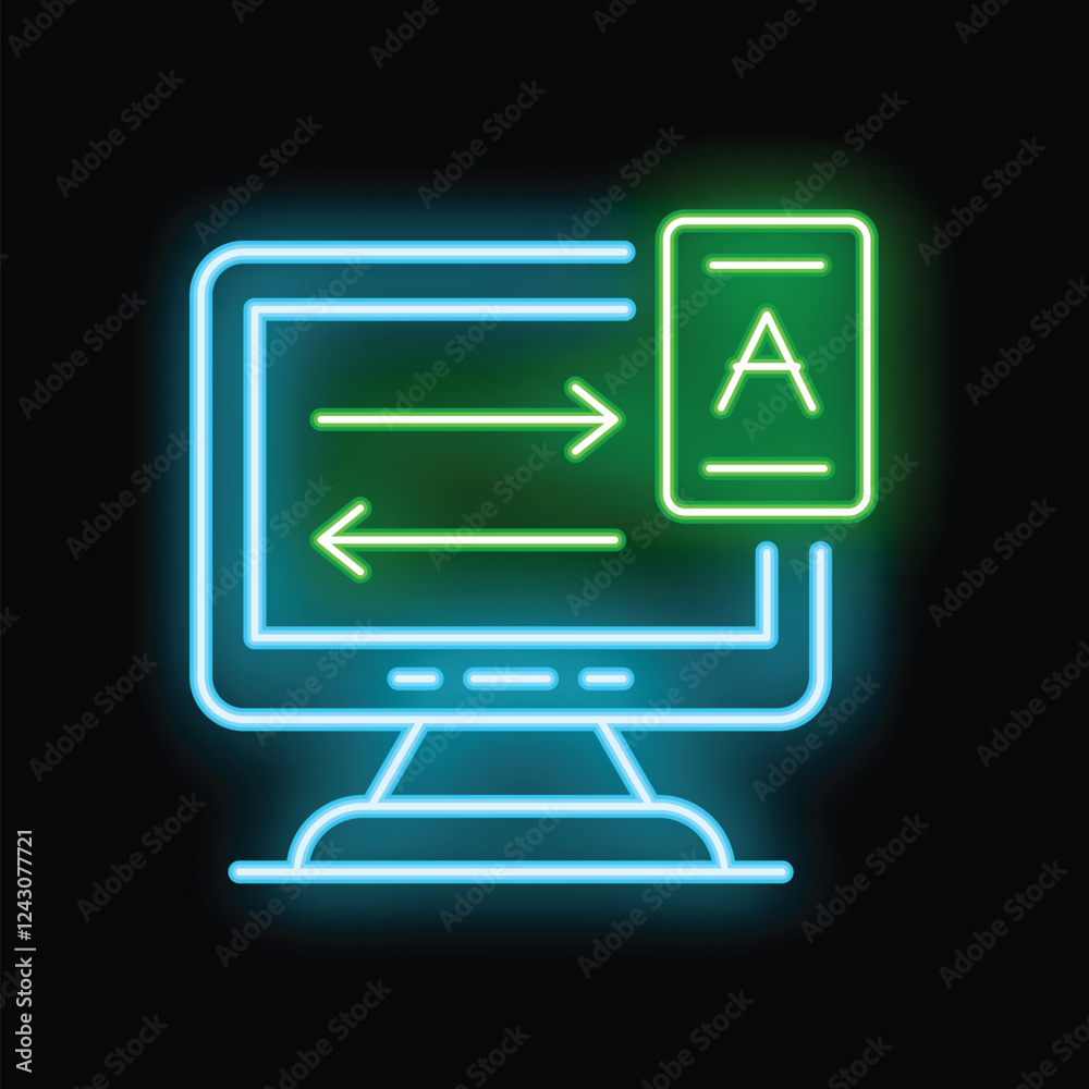 Poster neon icon of a computer transferring a text file, represented by arrows pointing to a document with 