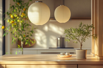 Cozy kitchen working area white and light wood tone interior house japanese style