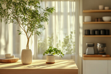 Cozy kitchen working area white and light wood tone interior house japanese style