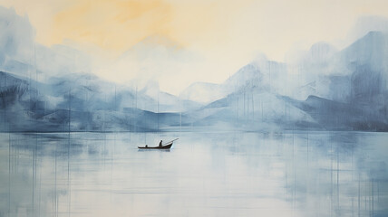 small lonely fishing boat on the water, artwork in white and blue tones impressionism, background copy space