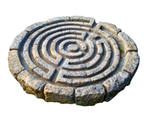 Intricate stone labyrinth design, circular shape, isolated on transparency background, showcasing artistic craftsmanship and ancient symbolism
