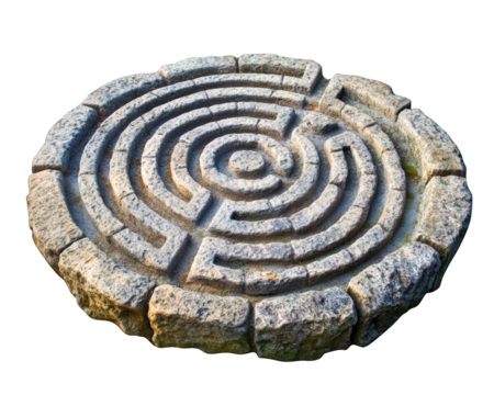 Intricate stone labyrinth design, circular shape, isolated on transparency background, showcasing artistic craftsmanship and ancient symbolism