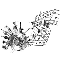 Music background with black music instruments and vinyl record disc vector illustration. Music festival poster with double bell euphonium, violoncello, trumpet, piano, euphonium, sax and guitar	