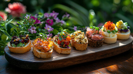 Elegant Appetizers on a Rustic Wooden Plate A selection of colorful appetizers served on a wooden plate, surrounded by blooming flowers and soft sunlight in a garden.