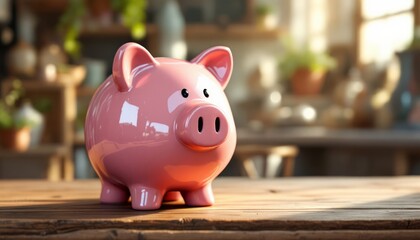Obraz premium Pink Piggy Bank on Wooden Table: Savings Goals and Financial Security in a Cozy Home Setting