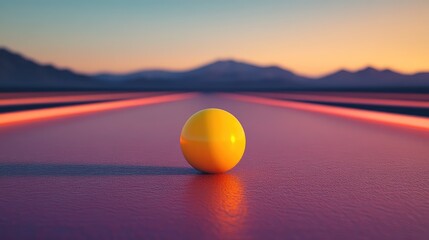Obraz premium A yellow bowling ball placed in the center of a red lane, vibrant contrast with copy space.