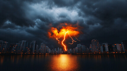 Dynamic and captivating photograph of thunderstorm over city skyline, showcasing dramatic lightning and dark clouds reflecting on water