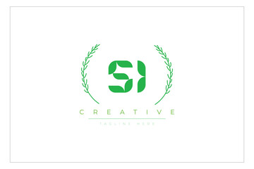 SI letters eco logo with leaf. Fresh nature and healthy leaf logo design.