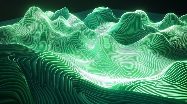 Wavy neon green lines slicing through the digital technology landscape, evoking a high-tech energy flow and futuristic design.