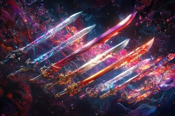 A colorful array of swords are displayed in a space with a purple background
