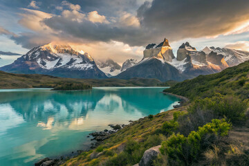 Majestic Mountain Landscape with Reflective Water and Lush Greenery