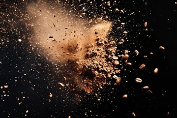 3D coffee powder explosion with scattered coffee beans on a black background, with copy space for text.